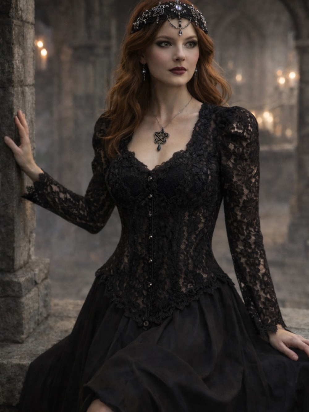 Cachet - Vintage  Renaissance Whimsy Goth Black Fitted Lace Top - size 9/10